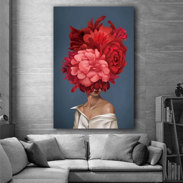 Kırmızı Pembe Çiçek Başlı Kadın Kanvas Tablo